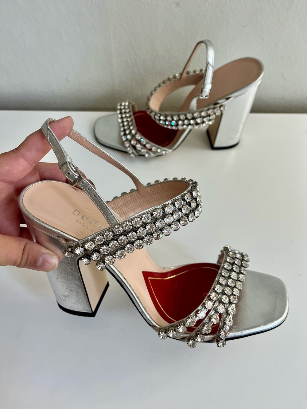 Gucci Bertie Crystal Metallic Leather Sandals Size 36.5 - Picture 4 of 16